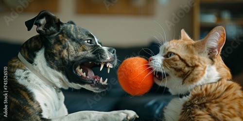 Light hearted dog and cat confrontation using squeaky toys in a fun neighborhood photo