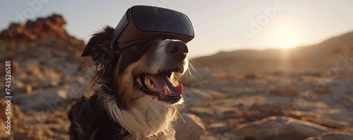 Dog exploring Paleolithic era in VR photo
