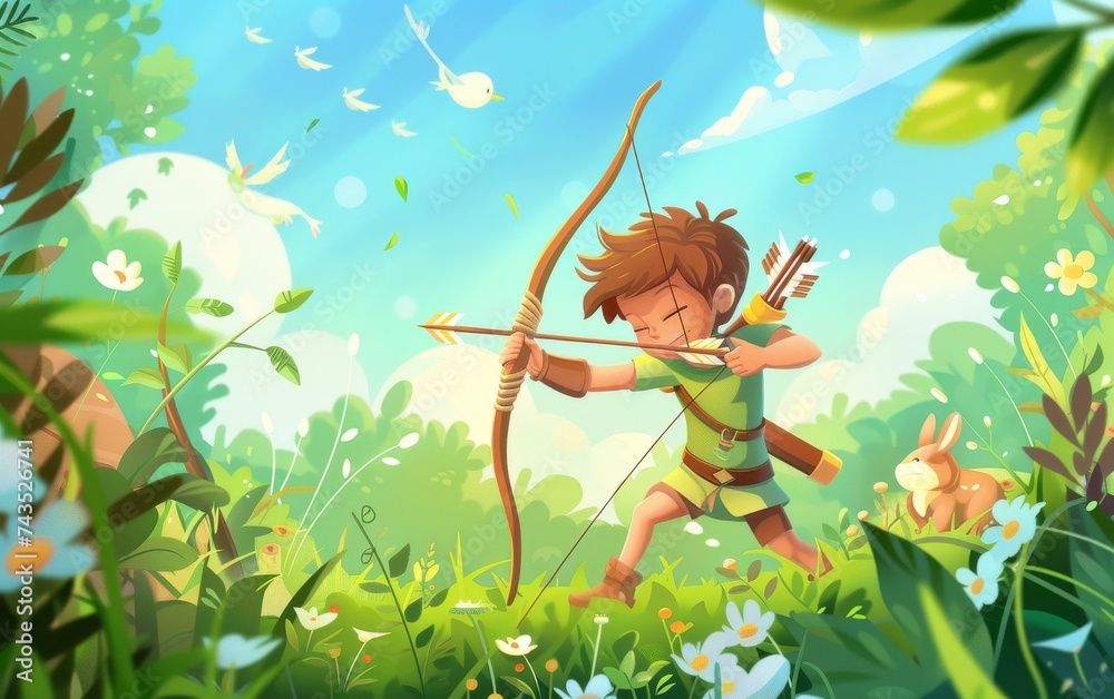 Cartoon fairy tale meadow young boy practicing archery serene environment with fantasy creatures