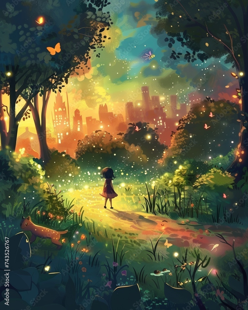 Cartoon fairy tale park at sunset young girl chasing fireflies surrounded by fantasy creatures
