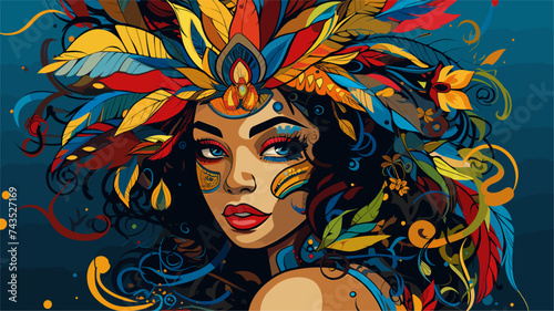 Brazilian carnival girl in a themed outfit inspired by cultural motifs. simple Vector art