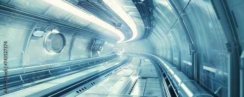A futuristic transportation tunnel leading to a space station blending elements of sci fi and modern transport design