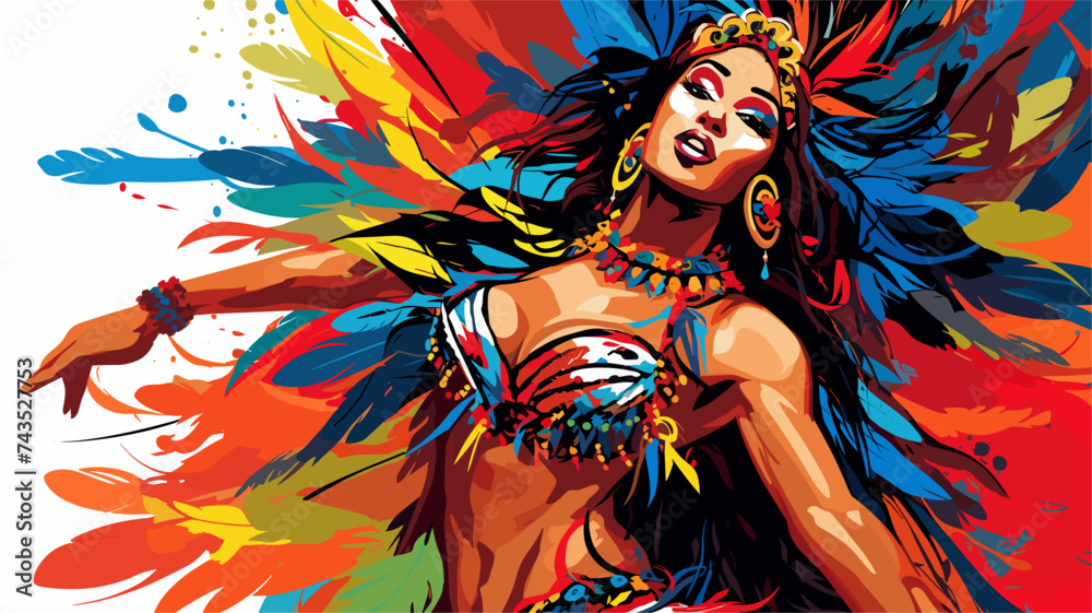 Samba dancer in a vibrant and feathered costume with a headdress. simple Vector art