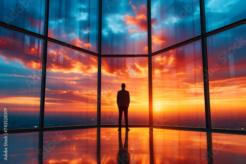 A contemplative businessman stands silhouetted against a vibrant sunset, the golden hues reflecting off the glossy floor of a modern office building, overlooking a bustling cityscape.