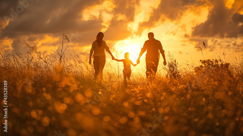 A heartwarming scene of a family holding hands and walking through a golden field, with the setting sun casting a warm glow over the idyllic landscape.