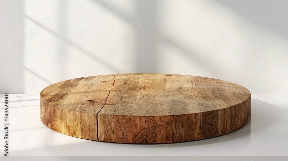 Empty beautiful round wood table top counter on interior in clean and bright with shadow background