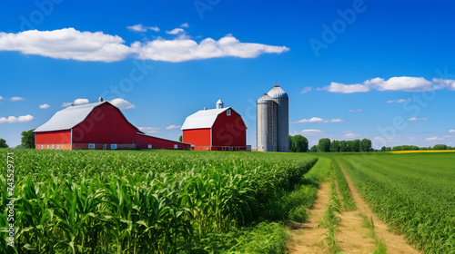Idyllic Rural Farm Scene with Red Barns and Cornfield Under Blue Sky. Agriculture and Country Living