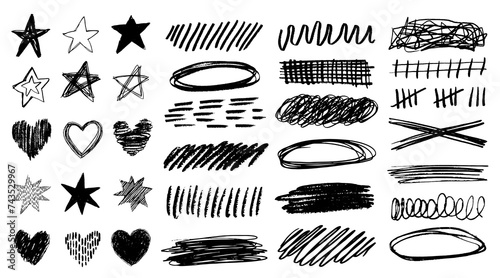 Charcoal graffiti doodle punk and grunge shapes collection. Hand drawn abstract scribbles and squiggles, creative various shapes, pencil drawn icons. Scribbles, scrawls, stars, heart, curly lines. photo