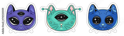 Alien cat stickers in purple, green and blue colors. Set of cute cat faces. Vector illustration