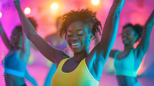 Beautiful and cheerful young woman dancing with group in neon lighting dance fitness class with bright colorful lights illuminating the studio