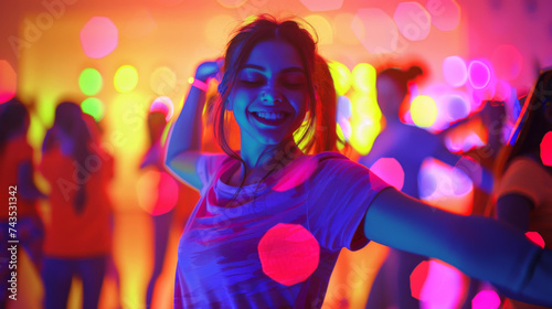 Beautiful and cheerful young woman dancing with group in neon lighting dance fitness class with bright colorful lights illuminating the studio