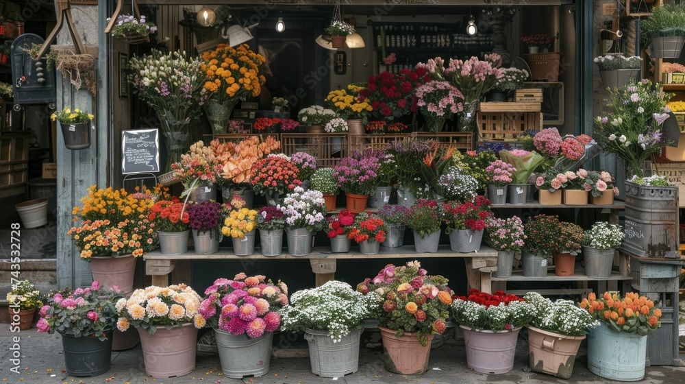 Outdoor florist market stall, abundant with seasonal flowers, lively and bustling