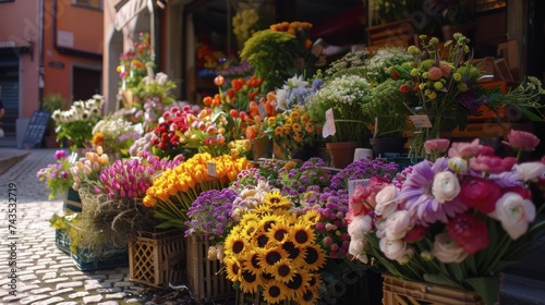 Open-air flower market booth, filled with seasonal blooms, vibrant and active