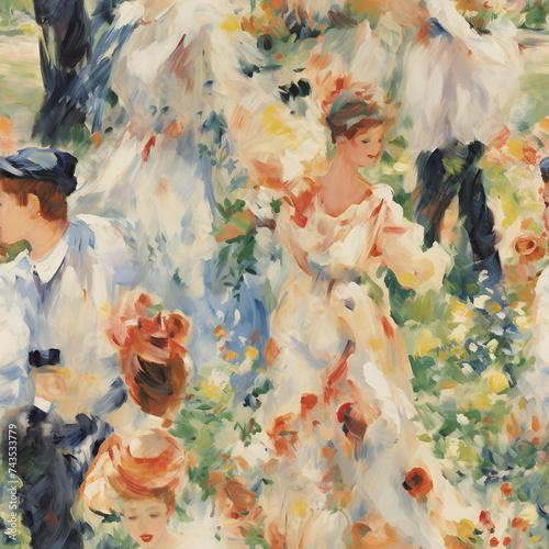 Seamless pattern. A lively garden party with people dancing and socializing, showcasing the warmth, movement, and delicate brushstrokes of Renoir’s Impressionist style © Johnovich