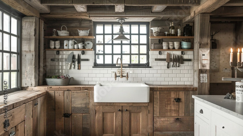 Farmhouse Fresh: Kitchen with Distressed White Cabinets, Apron Front Sink, and Natural Wood Exposed Beams.