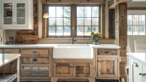 Country Charm: Kitchen with Distressed Barn-wood Cabinets, Apron Front Sink, and Whitewashed Exposed Beams.