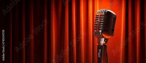 Retro microphone on stage with red curtain background.