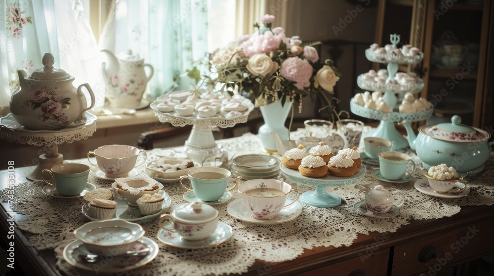 Vintage tea party for a birthday, delicate china and lace, nostalgic and quaint