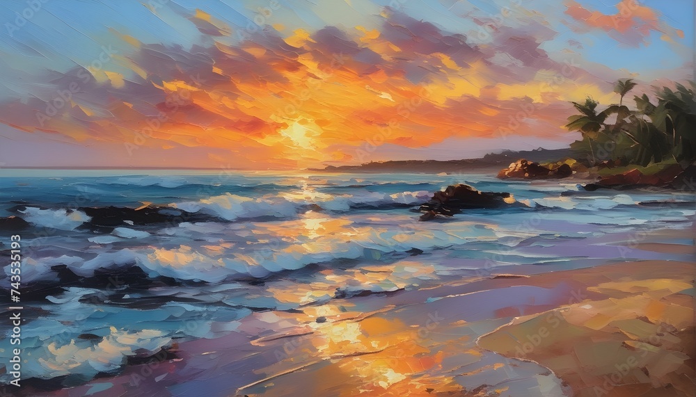 Spectacular sunset over the ocean with shade of orange and purple colors. Oil painting artwork.