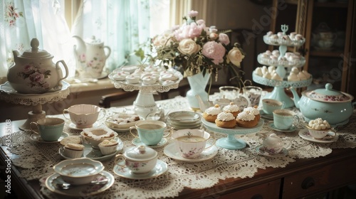 Vintage tea party for a birthday  delicate china and lace  nostalgic and quaint