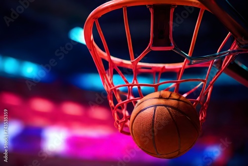 Closeup of basketball scoring a basket as it goes through hoop and making a swish in the net. Three-point shot, winning the game. Sports, lifestyle, leisure activity. World Basketball Day, December 21