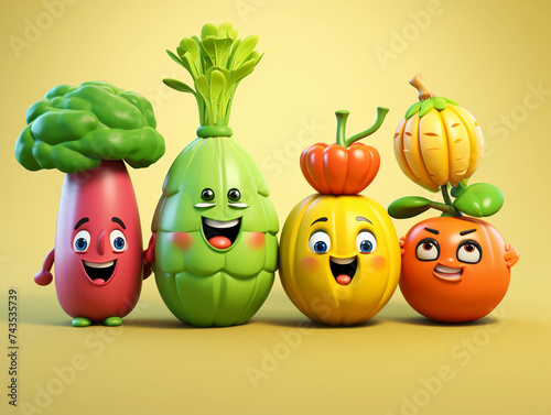 Happy Vegetables, Cute Cartoon 3D Collection, Simple Background, Illustration 