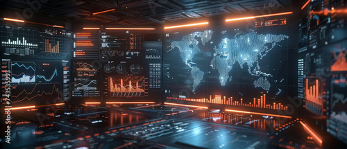 Futuristic command center with glowing interactive displays and holographic world map. High-tech digital screens showing data, graphs, and statistics in a modern surveillance or monitoring room.