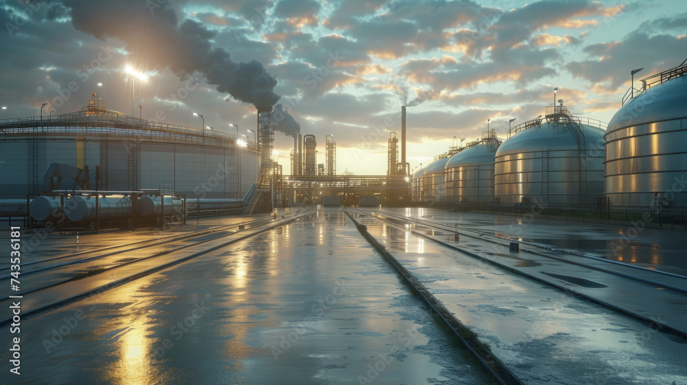 Industrial landscape at twilight with illuminated refinery structures, storage tanks, and smokestacks against a cloudy sky, reflected on a wet surface after rainfall.