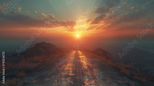 A serene landscape showcasing a stunning sunrise over a rugged terrain with a pathway leading towards the horizon.