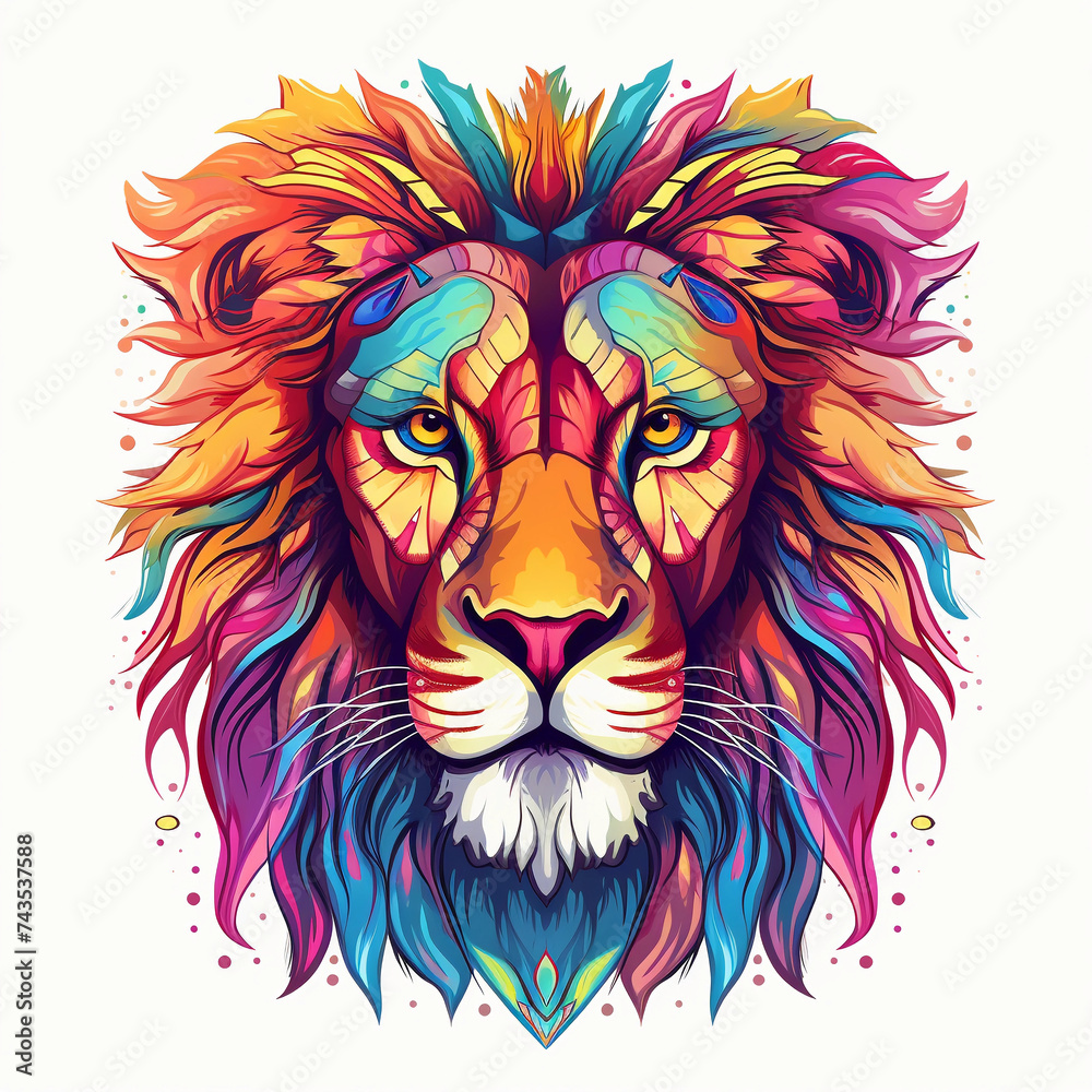 Lion head multicolor drawing, t-shirt design vector illustration 