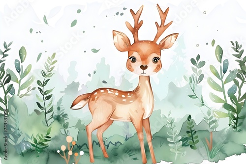 Cute Watercolor Deer Illustration in the Lush Green Forest © milkyway