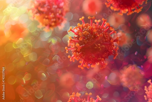 Coronavirus Bacteria Stylized in Pointillist Florals with Glowing Orange Viruses