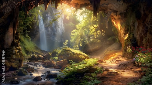 Waterfall in a Sunlit Cave A Realistic Landscape with Fantasy Elements photo