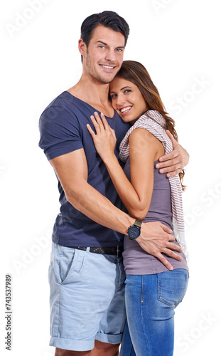 Portrait, smile and couple embrace in studio for love, romance or commitment to marriage isolated on a white background. Care, man and happy woman hug for connection, support and healthy relationship
