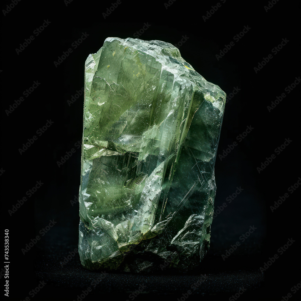 uncut Actinolite gem green emerald on black background product presentation
