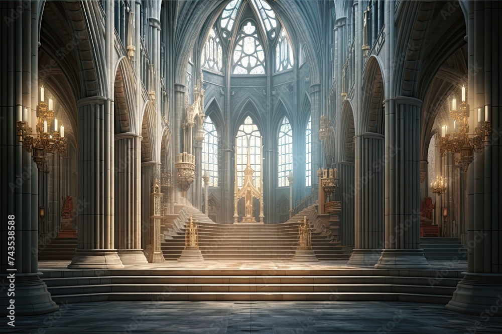 Ancient Architecture: 3D CG Illustration of a Gorgeous Gothic Cathedral Interior with Stunning