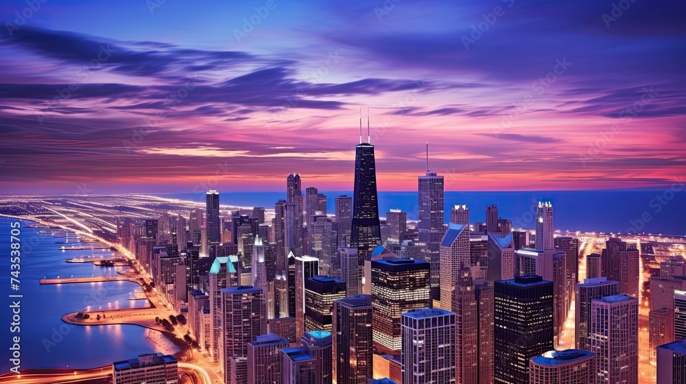 Fototapeta premium Dusk over Downtown. Aerial View of Chicago Skyline with Night Panorama and Skyscrapers