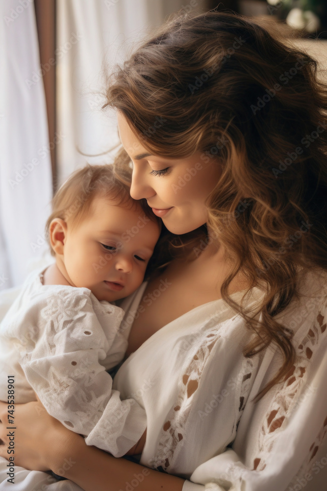 Mother lovingly holds her baby. A tender moment together. Mother lovingly holds her baby. A tender moment together.