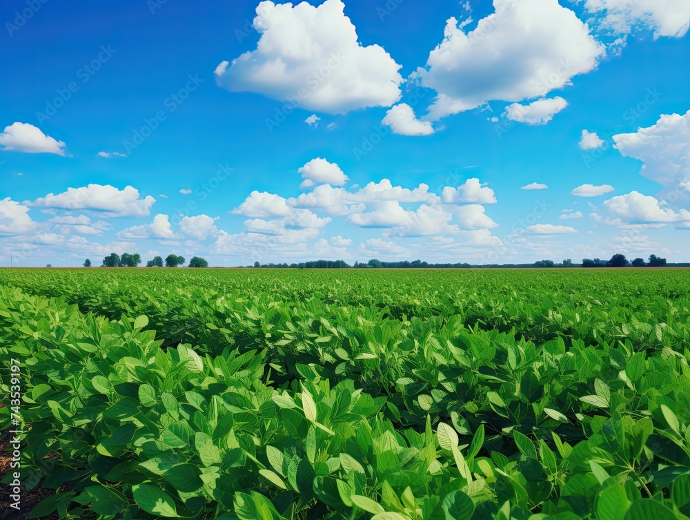 Agricultural Landscape: A Monoculture Soybean Field Against a Beautiful Sky Background