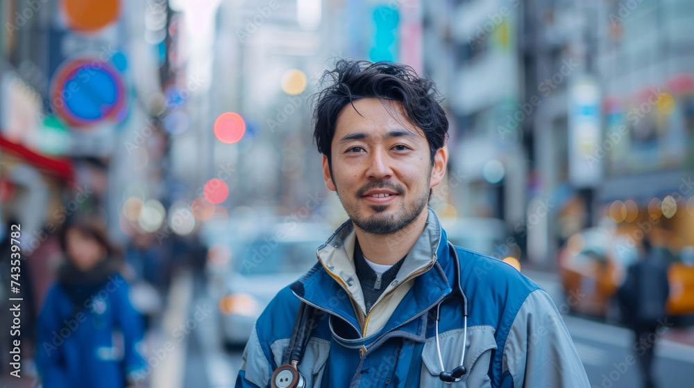 A confident male medical professional stands in a bustling city environment, wearing a blue medical uniform with a stethoscope around his neck A confident male medical professional stands in a bustling city environment, wearing a blue medical uniform with a stethoscope around his neck