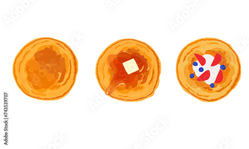 Set of pancakes and toppings. Hand drawn vector illustration.