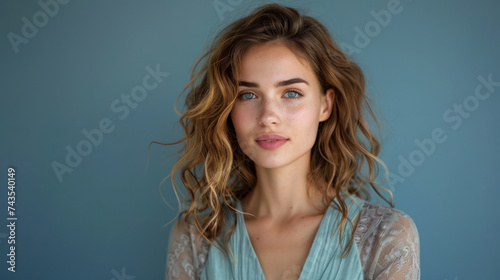 Portrait of a young woman with natural makeup and curly hair, standing against a blue background, wearing a lacy light blue garment while looking directly at the camera.