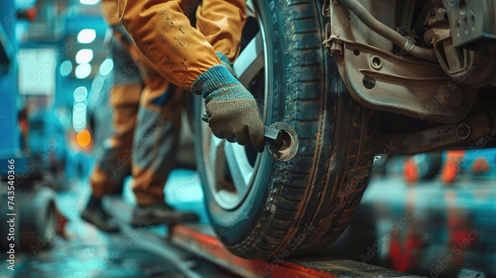 Auto mechanic working at auto repair shop. An auto repair shop repairs a car wheel, hands and cleats in the frame