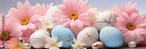Banner with Easter eggs in pastel colors and delicate pink spring flowers