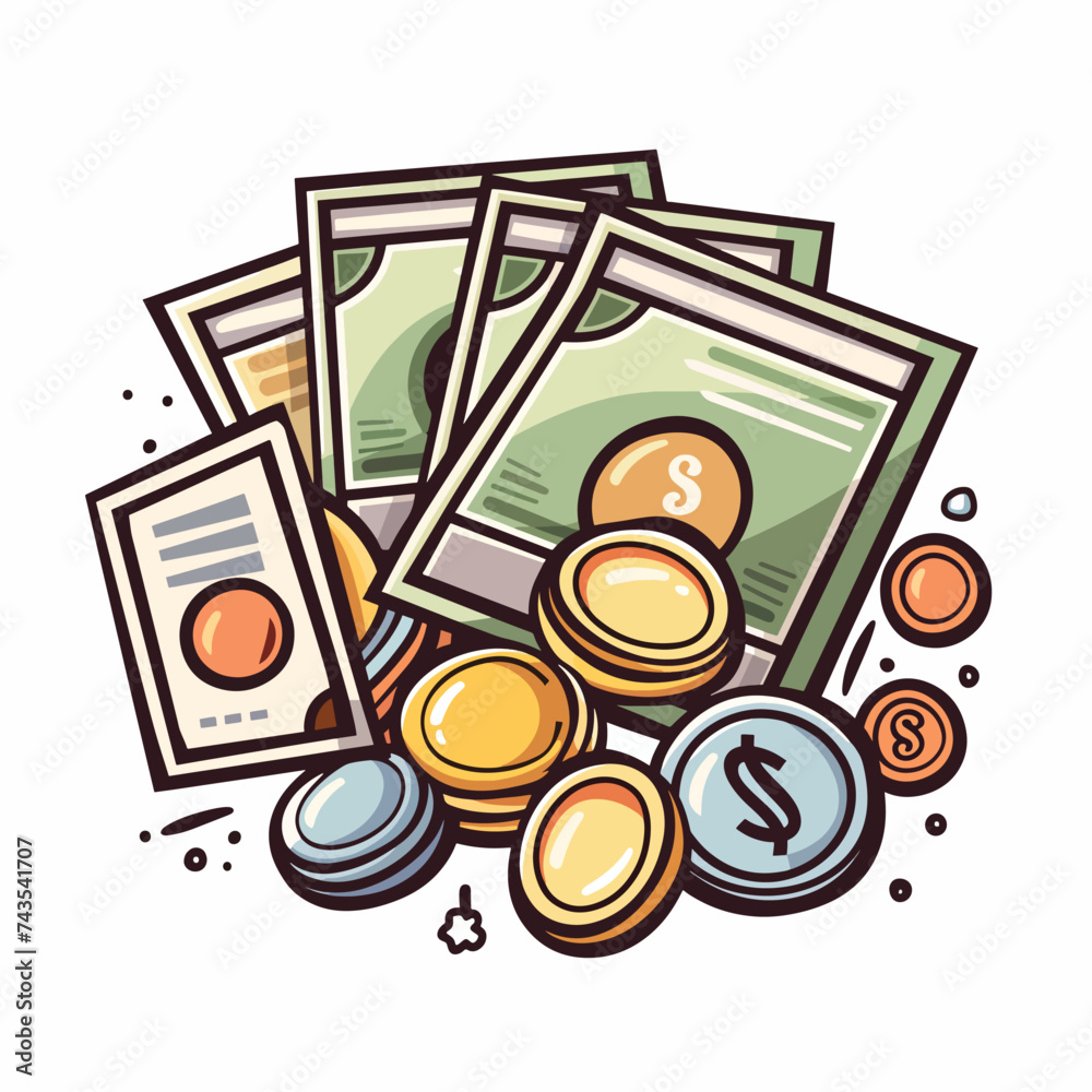 Money coins and bills flat vector icon.