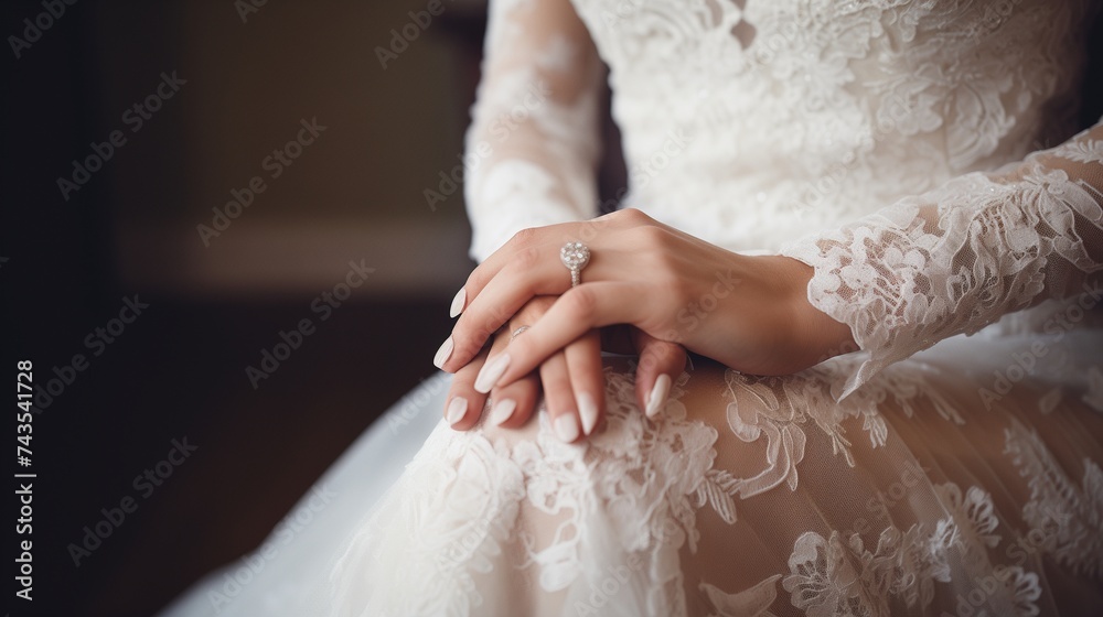 A close-up view capturing the delicate hands of a bride adorned with an elegant manicure, gracefully showcasing her lace wedding dress. A close-up view capturing the delicate hands of a bride adorned with an elegant manicure, gracefully showcasing her lace wedding dress.