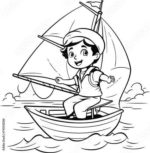 Boy sailing on a boat - black and white vector illustration for coloring book photo