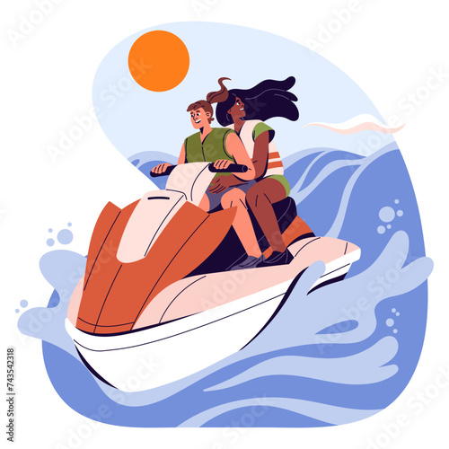 Lesbian couple ride jet ski, water scooter together. People drive personal watercraft, aquabiking in summer vacation. Extreme sea entertainment. Flat isolated vector illustration on white background