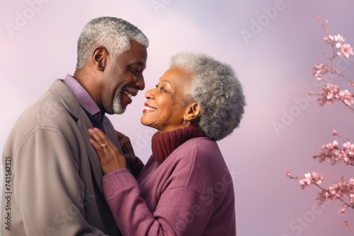 
Loving elderly pair, the man in his mid-80s and the woman in her late 70s, African American, holding hands and gazing into each other's eyes against a soft lavender pastel background with copy space