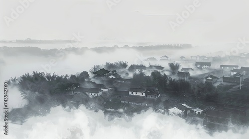 lnk and wash style countryside town, cloudy, sparse houses, brushstroke painting, white space, Chinese style, real photo texture, DJI aerial photography